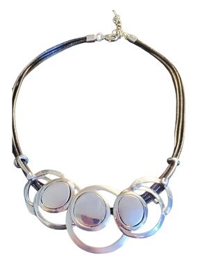 Silver Circle Statement Necklace with Black Cord